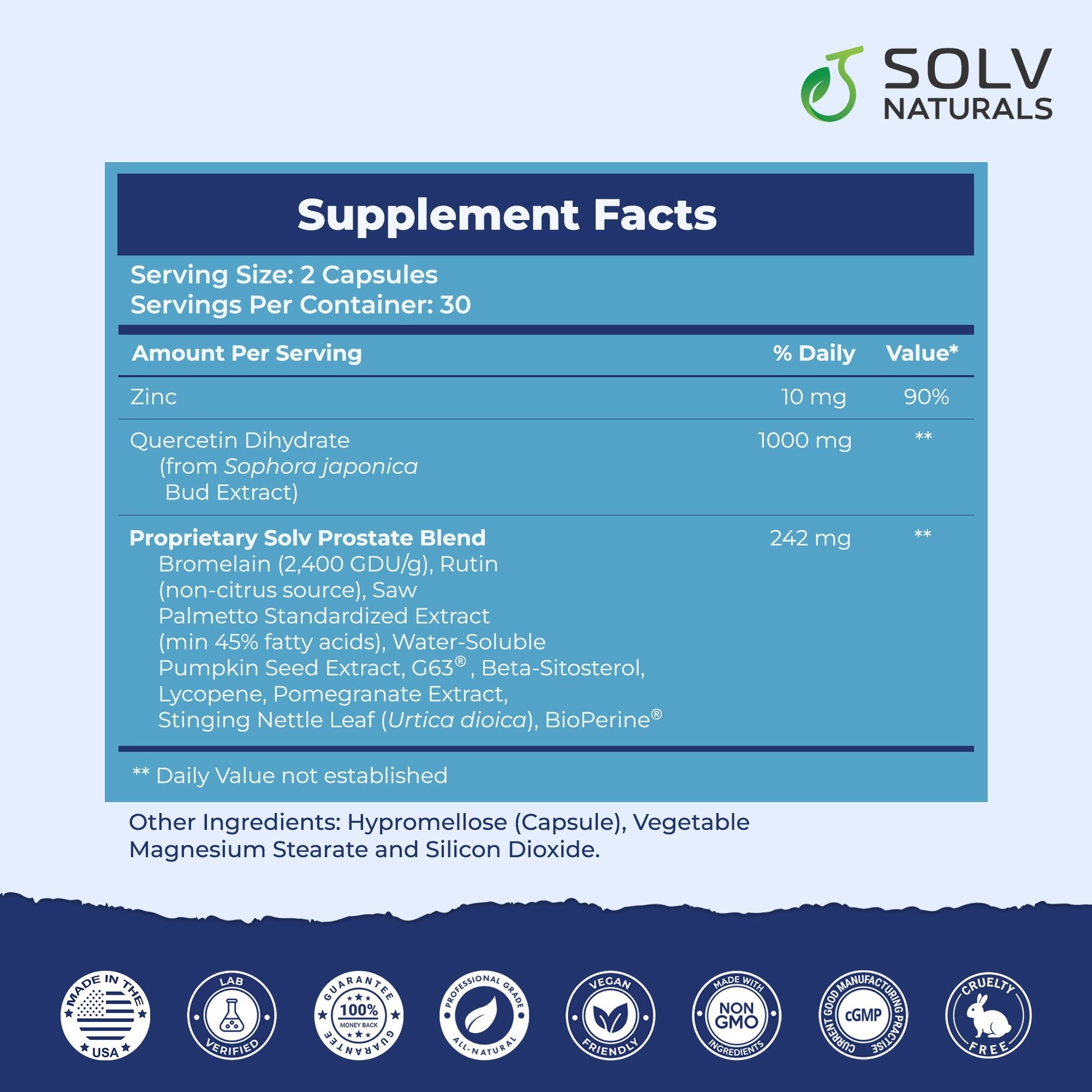 PROSTASOLV Supplement Facts.  Contains Zinc, Quercetin, Bromelain, Rutin, Saw Palmetto, Water-Soluble Pumpkin Seed Extract, G63, Beta-Sitosterol, Lycopene, Pomegranate Extract, Stinging Nettle Leaf and BioPerine in a Vegan capsule