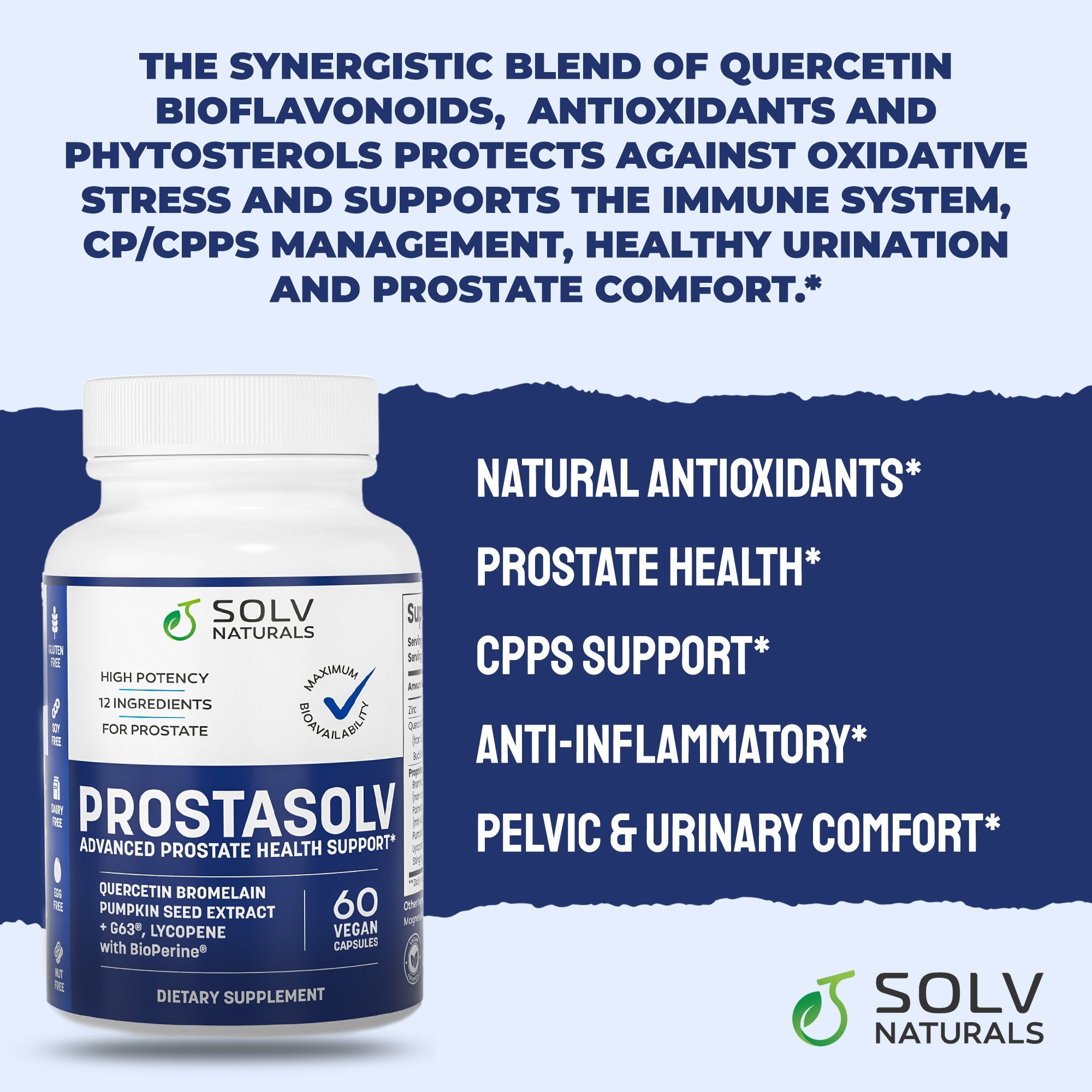 PROSTASOLV provides natural antioxidants and natural anti-inflammatory support for prostate health, cpps support, pelvic & urinary comfort.*