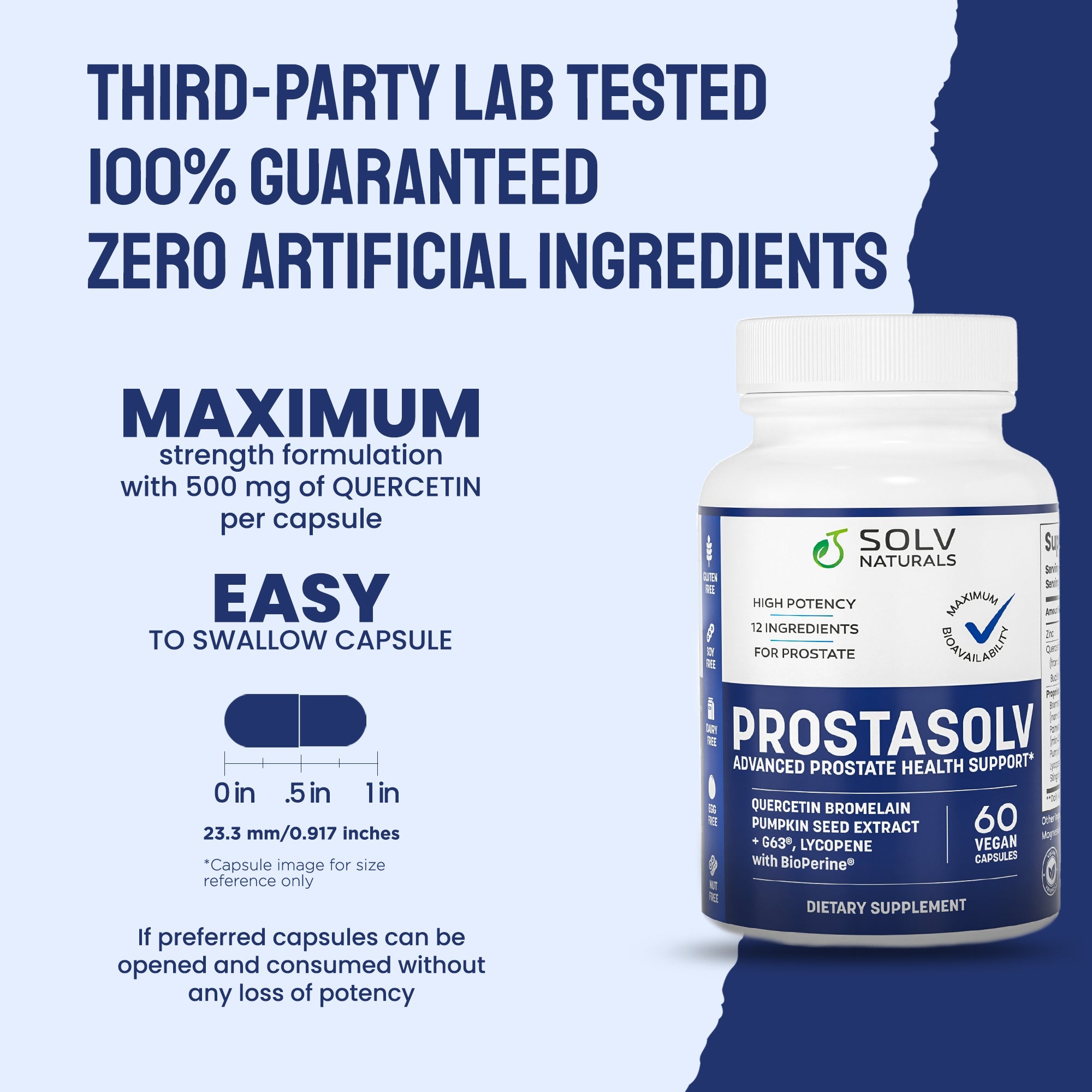 Third-party lab tested for purity, potency and shelf-life. Contains maximum strength 500 mgs of quercetin in easy-to-swallow capsule.  Capsules can be opened and consumed without any loss of potency